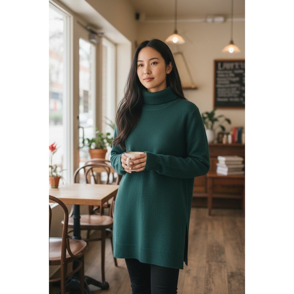 Massimo Dutti Cashmere Turtleneck Sweater Tunic Green XS Capsule Minimalist